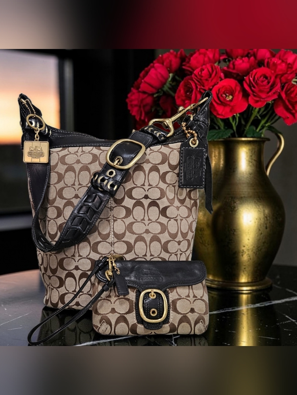 Coach XL Bleecker Hobo Duffle With Brass Charm & Matching Wristlet